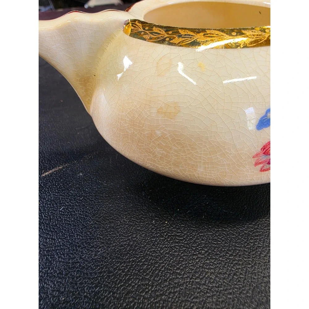 Vintage Floral Ceramic Sugar Bowl with Lid 22K Gold Trim Crazed Glaze Cream